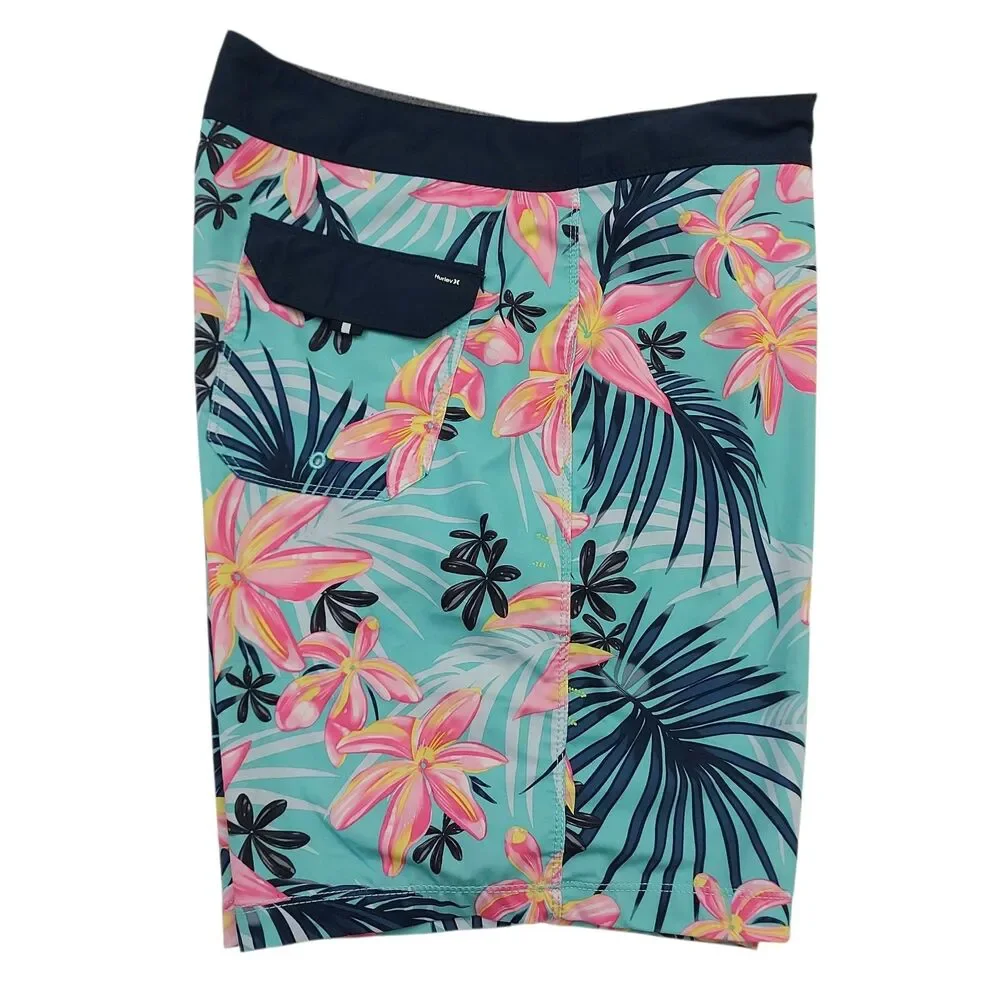 Hurley Phantom Board Shorts Mens 32 Green Hawaiian Print Beach Travel Outdoor